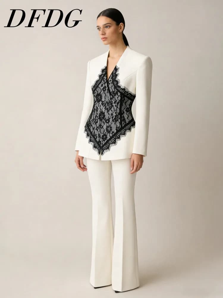 DFDG Women's Set Spring Summer with Blazer in Lace and Zampa Pants Elegant formal for Office and Feste 2026 Women's Fashion Set Trendy