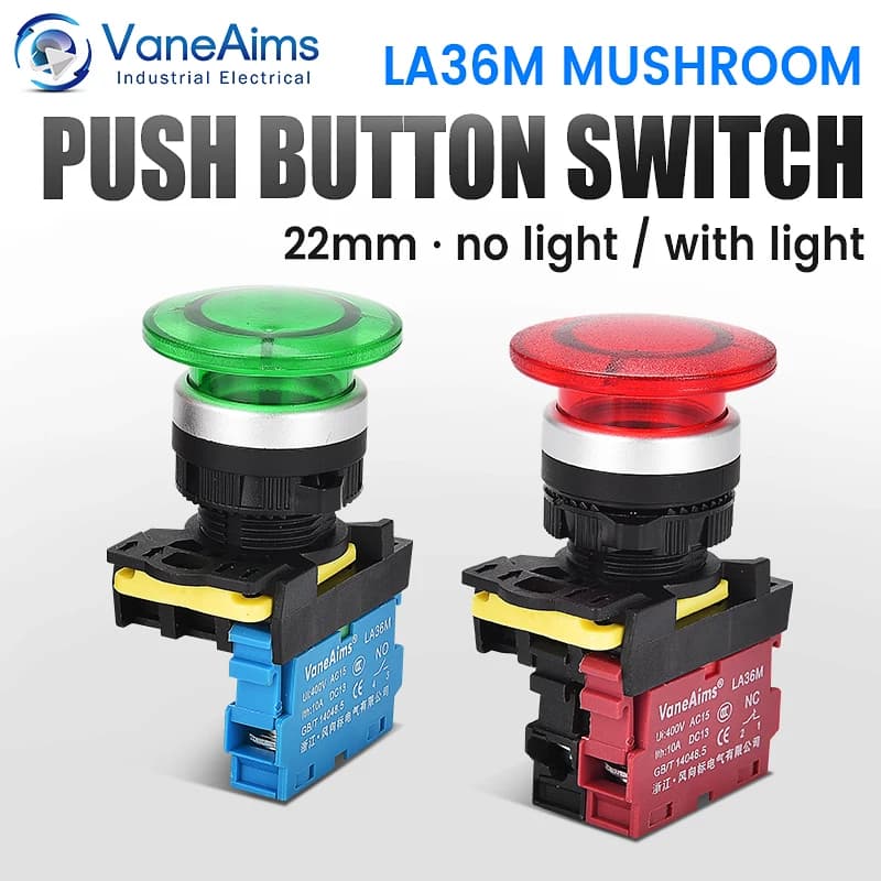 22mm LA36M Testa a fungo Pulsante Momentaneo A scatto Autobloccante LED Interruttore a pulsante Rosso Verde 12V 24V 220V 10A VaneAims