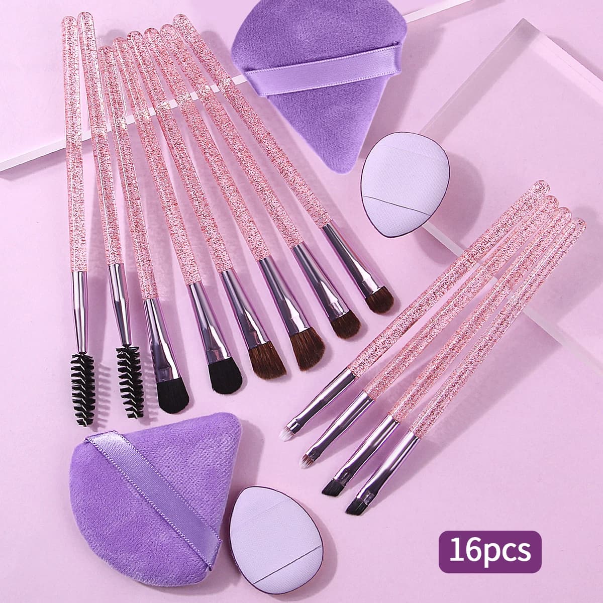 Set of 16-piece eye makeup brushes, shading brush, mascara brush, eyeliner brush + triangular powder headset, mini powder
