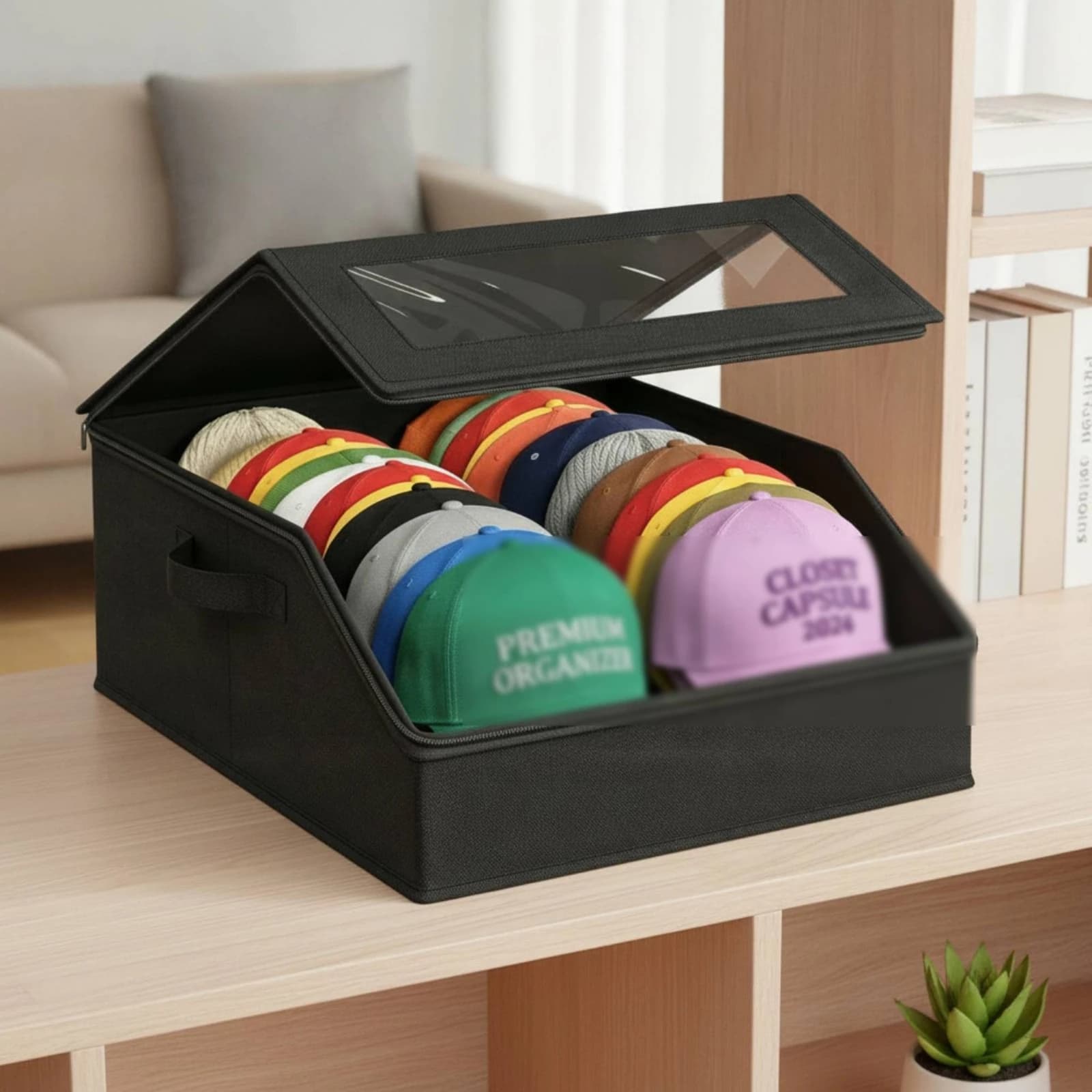 Hat Storage Box Portable Foldable Hat Organizer Closet Organizer with Window Shielded Transparent for Collectors, Wardrobe