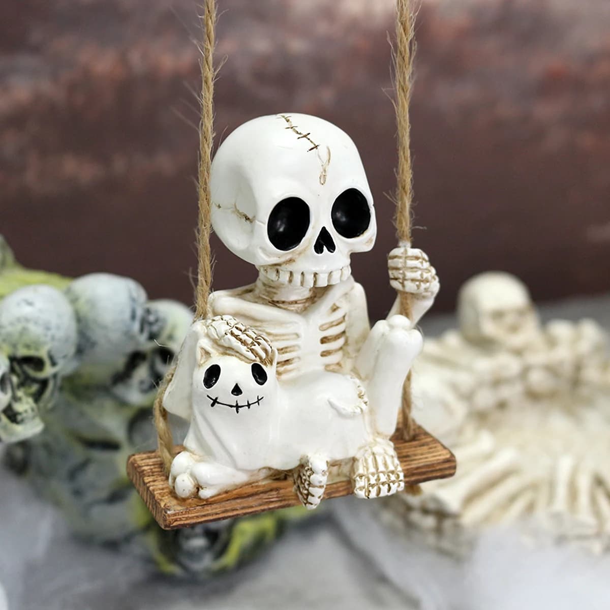 Ornamento Sospeso a Forma di Scheletro e Gatto, Statuetta Gotica in Resina per Decorazione di Patio, Giardino e Alberi, per Feste di Halloween, Interni ed Esterni