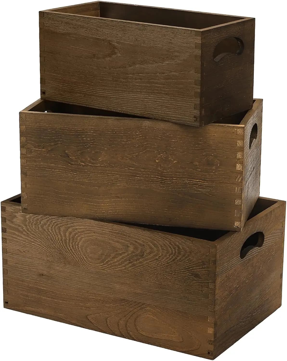 Set di 3 Cassette in Legno Impilabili con Manici, Scatole di Stoccaggio Rustiche Marroni per Casa e Ufficio