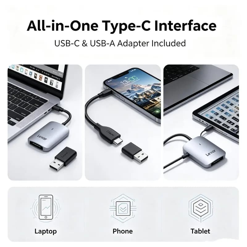 Lexar CFexpress Type A Card Reader USB 3.2 Gen 2 Type C 900MB/s Fast Memory Card Reader Transfer 50GB Files in 60 Seconds