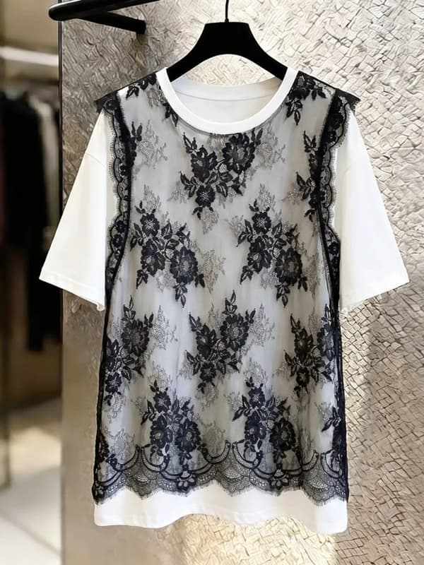 Lace Hollow out Short Sleeve T-Shirt Women's plus Size Mid-Length Top Korean Style Summer New Arrival Breathable Comfortable