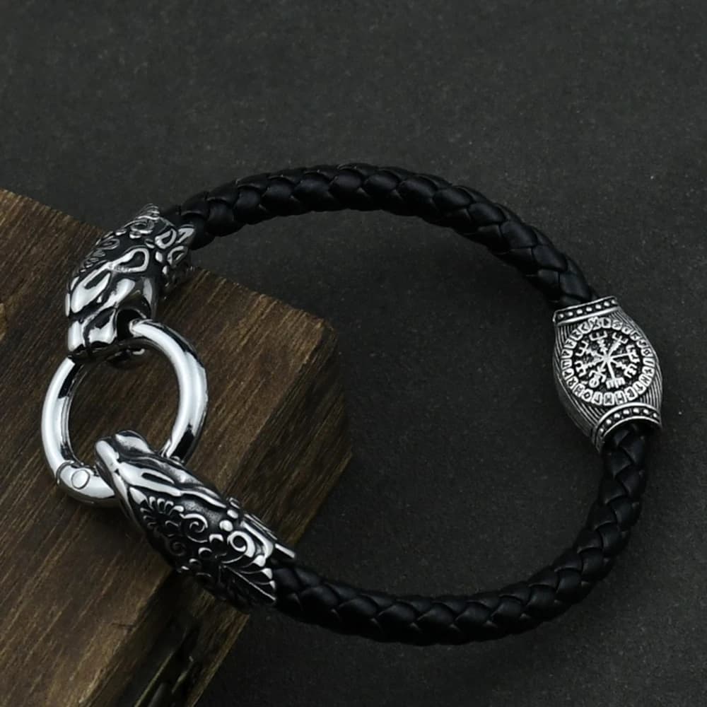 Stainless Steel Wolf Head Bracelets For Women Men Viking Rune Beads Leather Bracelet Jewelry