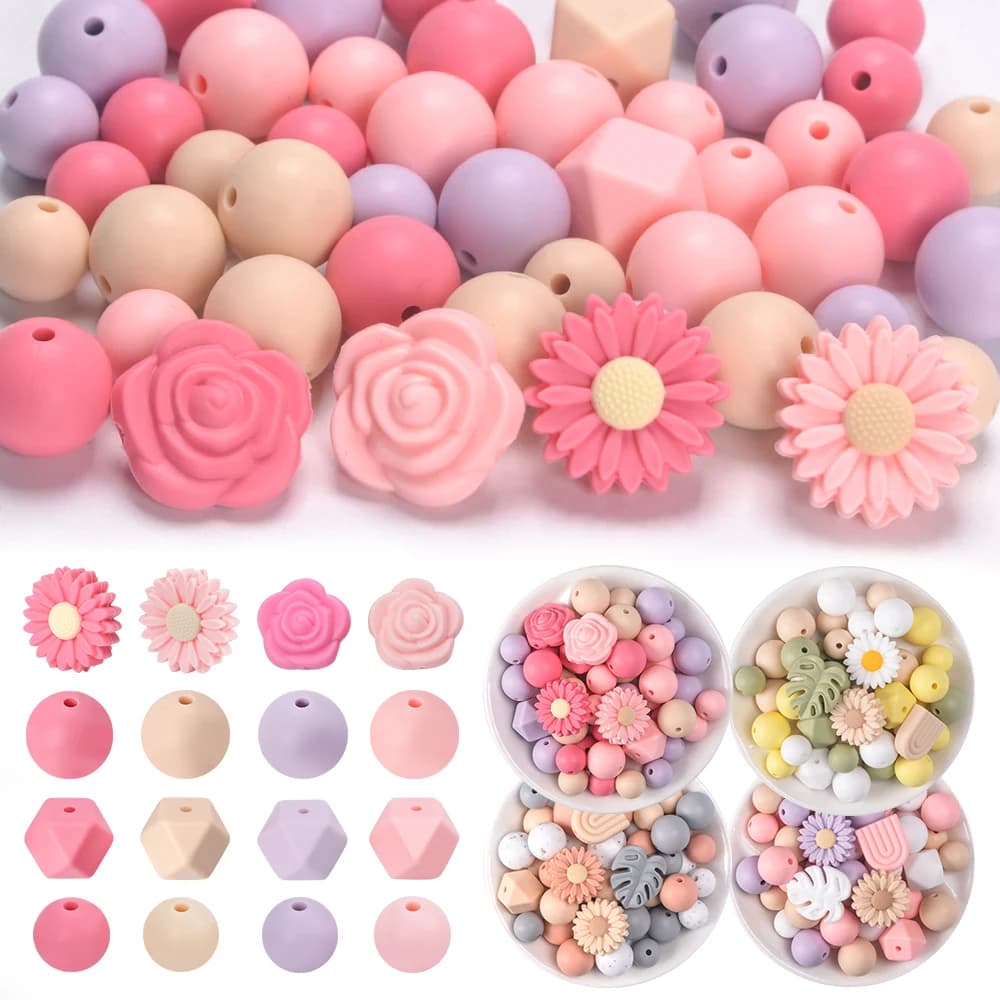 LOFCA 48 pezzi di perline esagonali rotonde focale di fiore in silicone per braccialetti fai da te, collane, penne, portachiavi, accessori per la creazione di gioielli