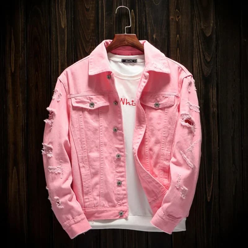 Primavera Autunno Nuovi Uomini di Moda Casual Alla Moda Rosa Tinta Unita Allentato Manica Lunga Giacca di Jeans Coreano Cappotto di Jeans Plus Size Maschio