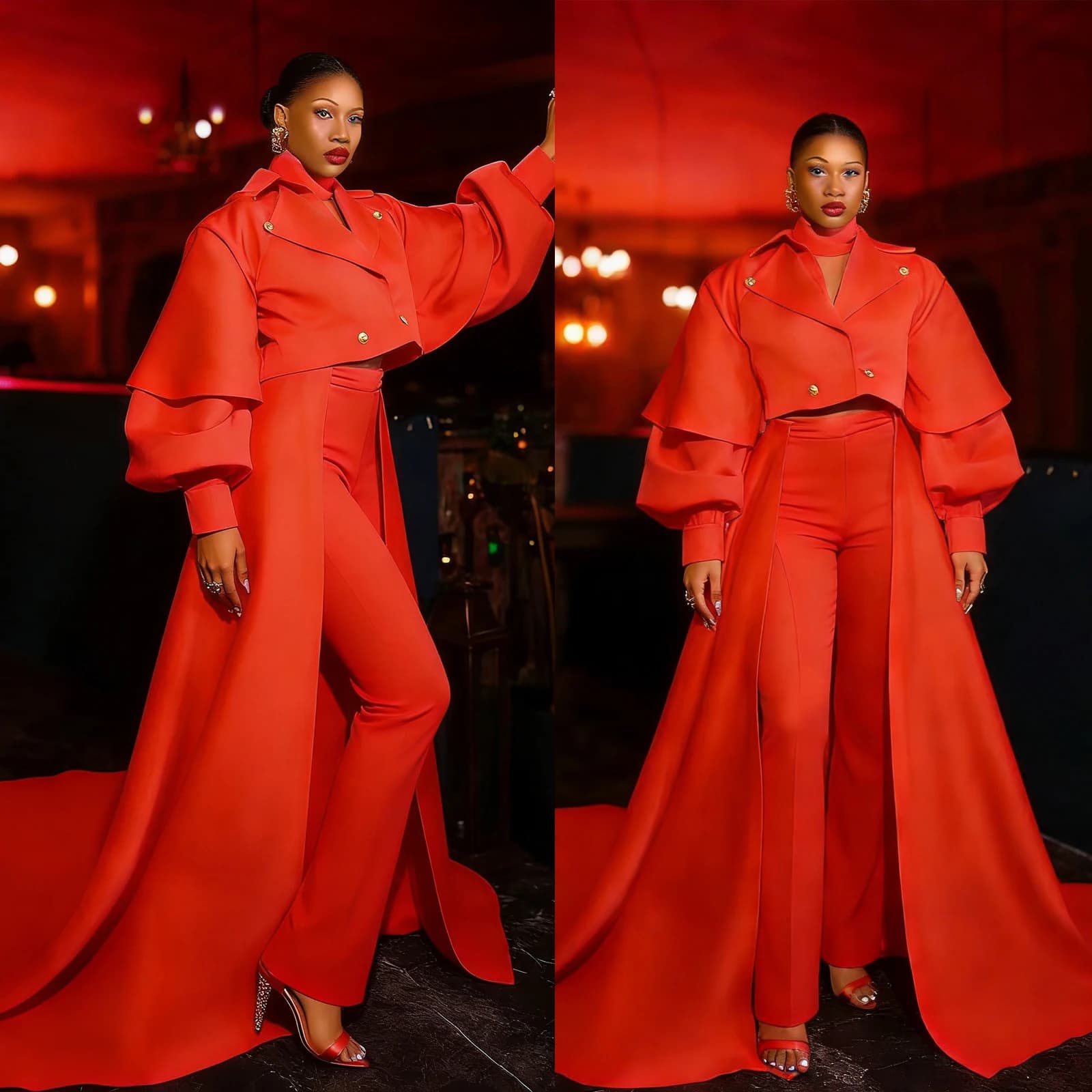 Red Button Women Blazer Suits 2 Pieces Plus Size Pants with Detachable Train Customized Evening Party Show Celebrity Outfit