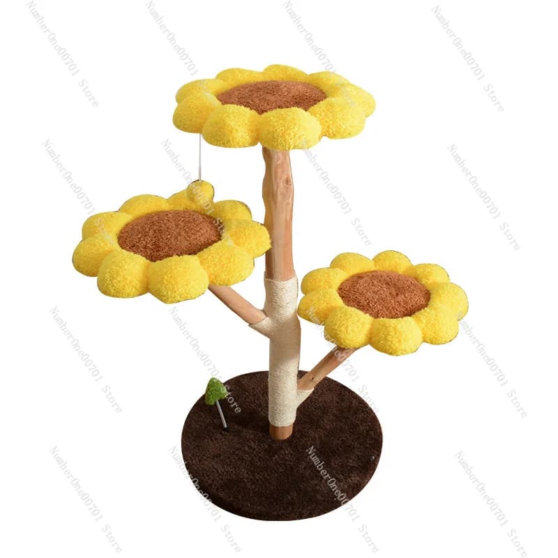 Tiragraffi per Gatti in Legno Massello, Cuccia per Gatti, Piattaforma Salto Integrata, Scaffale a Forma di Girasole