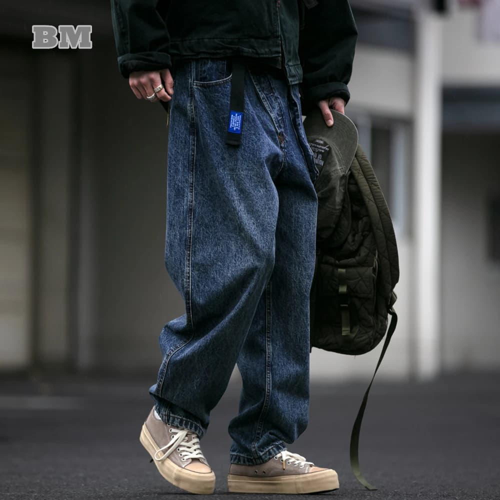 Jeans larghi da uomo americani streetwear blu scuro tasche 3D vintage pantaloni da lavoro in denim a gamba dritta pantaloni premium alla moda casual