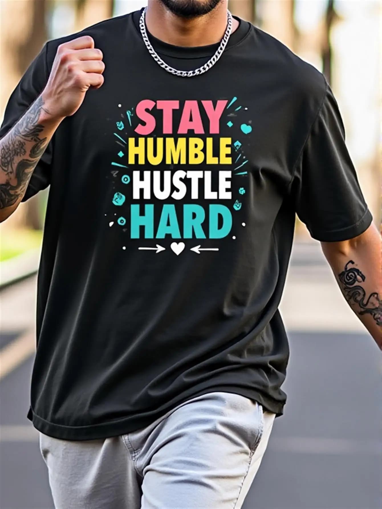 Motivational Men's Black Graphic T-Shirt Stay Humble Hustle Hard Bold Letter Print Colorful Typography Heart Arrow Statement Design 100% Cotton Heavyweight Short Sleeve Casual Streetwear Tee