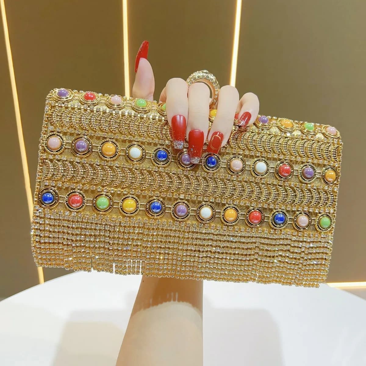 Luxury Rhinestone Tassel Gold Silver Evening Bags for Women Europe America Clutch Handbags Prom Party Chain Shoulder Bags Purse