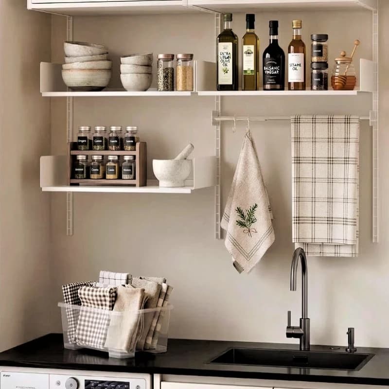 Mid Century Cream Wall Mount Organizer, Adjustable Stainless Balcony Rack, Eco Friendly Sink Display Shelf, Hidden Storage Caddy