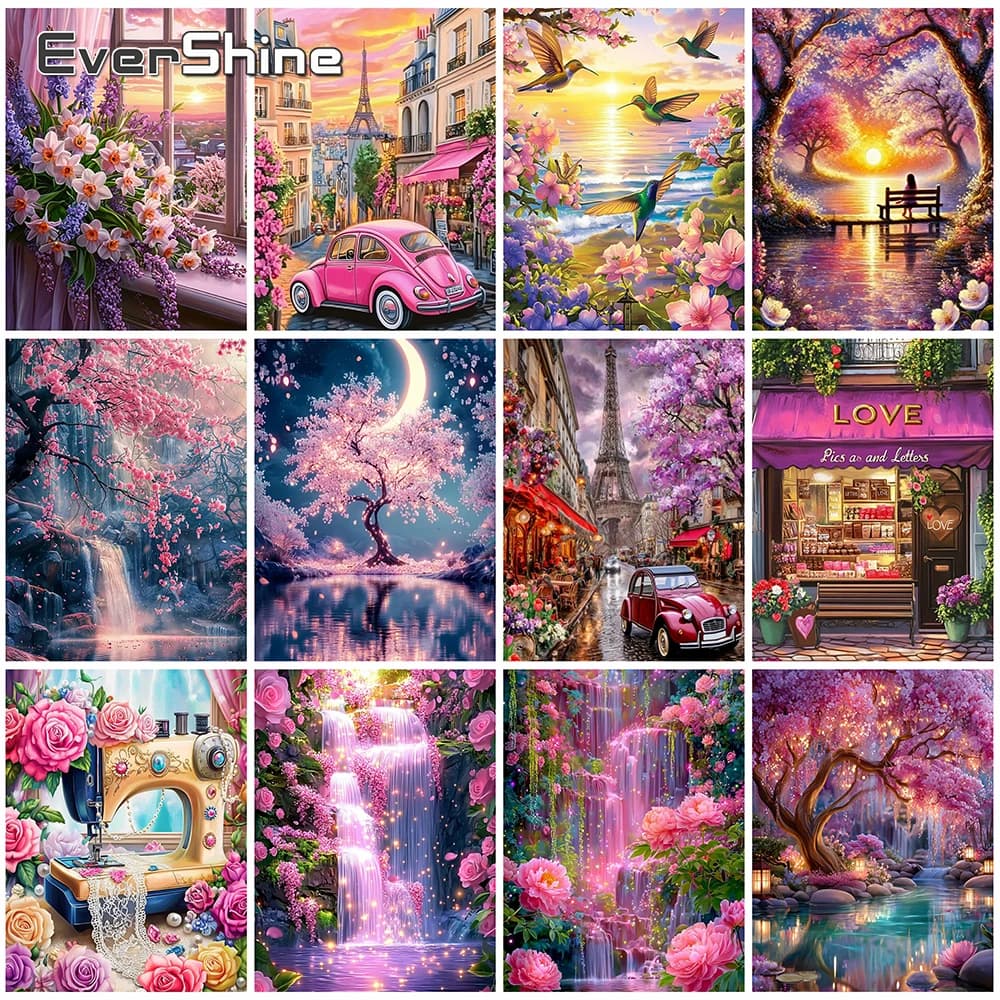 EverShine Diamond Mosaic Waterfall Landscape Cross Stitch Painting Tree Pattern For Adults Beginners Embroidery Flower Wall Art