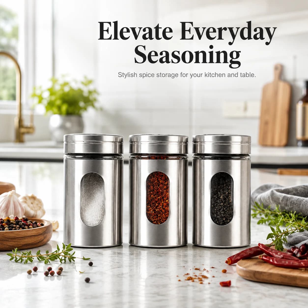 Stainless Steel Rotating Spice Shaker Set, 3-in-1 Seasoning Cans with Stand for Camping BBQ Kitchen