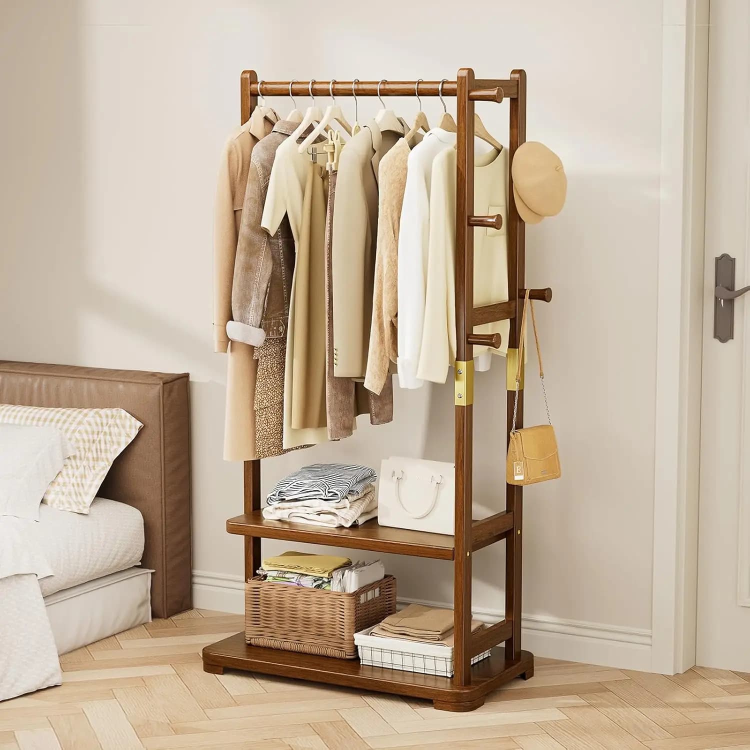 Coat Rack Solid Wood Clothes Rack with 2 Shelves & 4 Hooks for Hanging Clothes Garment Wallets Hats, Clothing Rack Heavy Duty Co