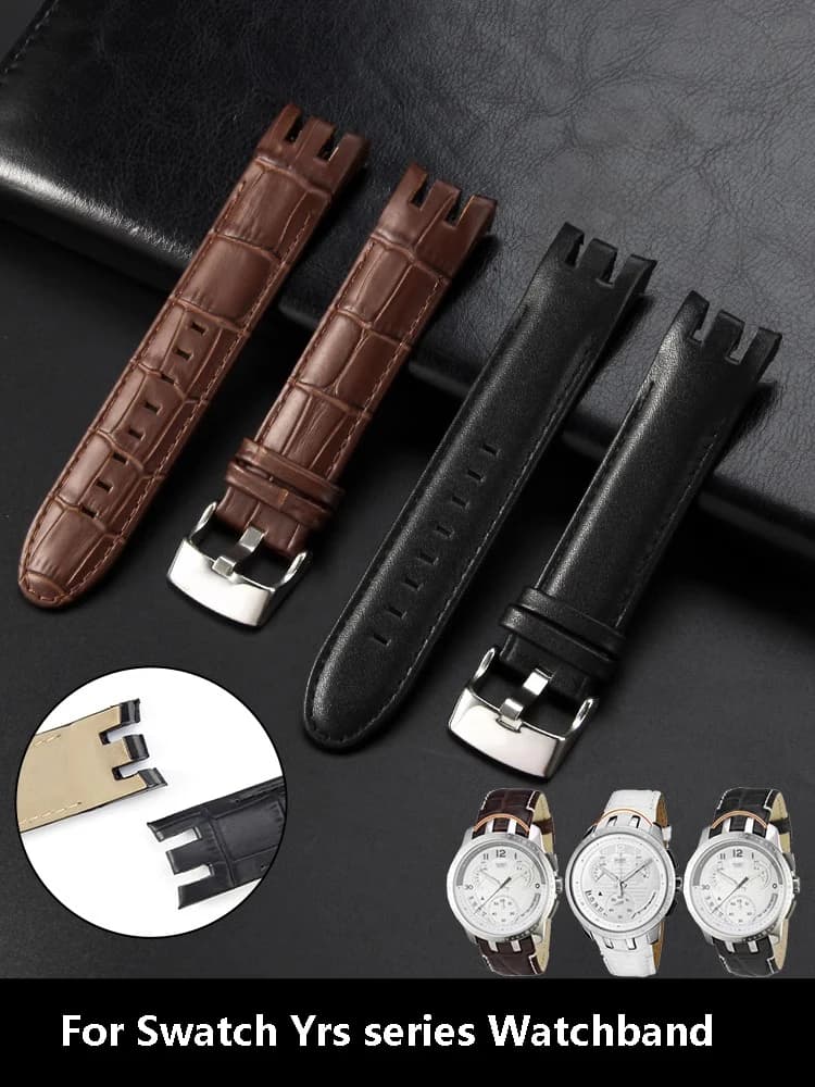 Genuine Leather Watch Strap for Swatch YRS403 412 402G Curved Concave-Convex Mouth Cowhide 21mm Men Watch Band