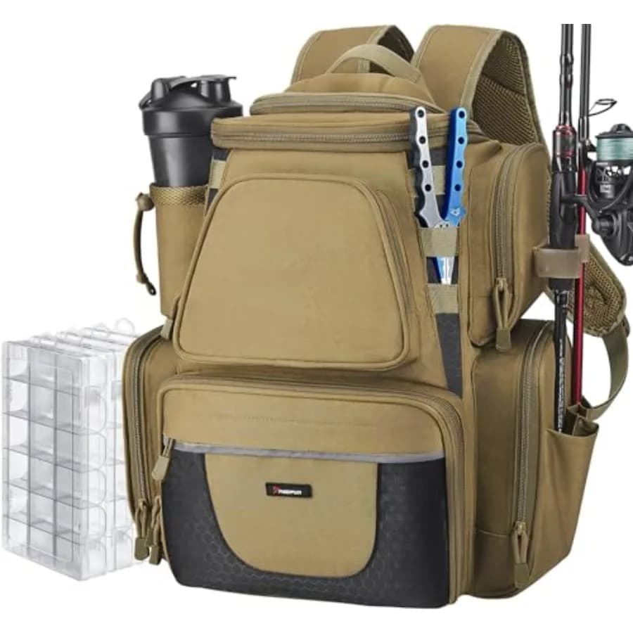Fishing backpack with 2 rod holders and 4 boxes for equipment Large bag for equipment with rain cover for fishing gear