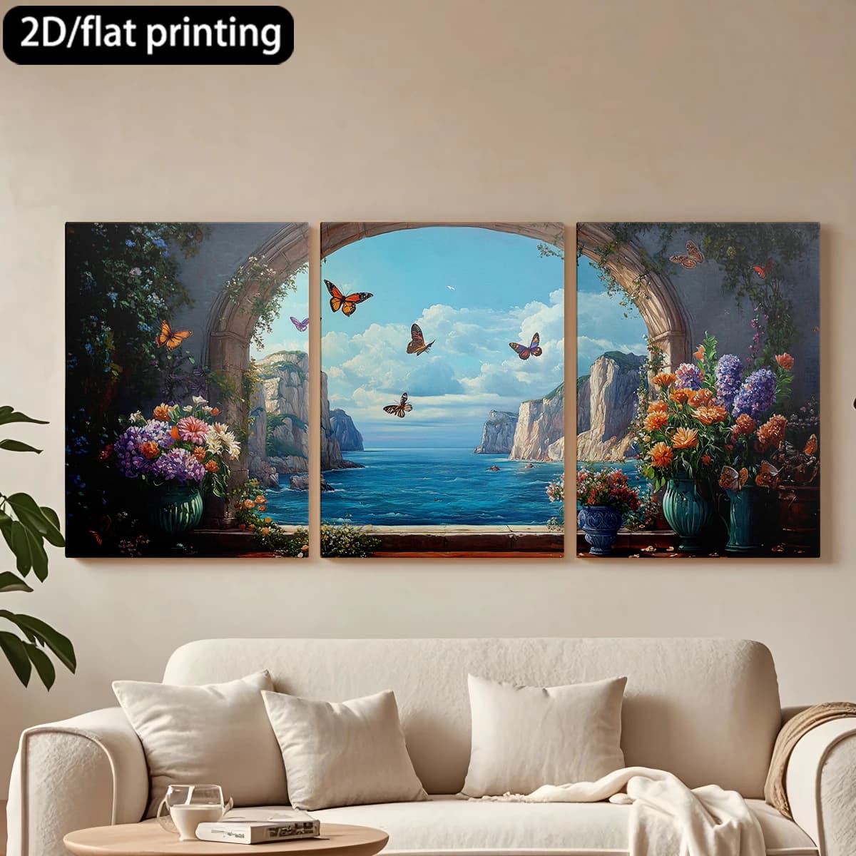 Set of 3 decorative paintings on canvas with wooden frame: View arched, coastal landscape, butterflies. Tende per camera da letto ikea.