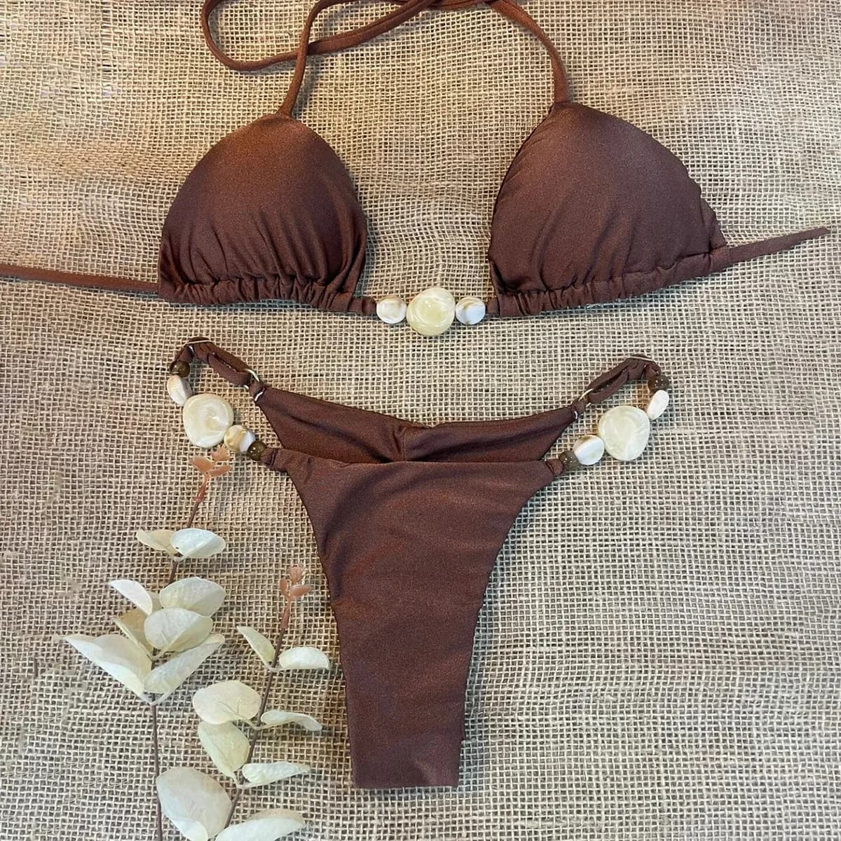 New 2025 Micro Women's Bikini Set Bead Decor Belt Sexy Swimwear Halter-Colle Backless Swimwear Coulisse Swimwear Beachwear