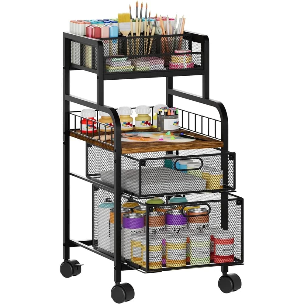Carrello Portaoggetti con Cassetti, Ripiani in Legno, Divisori Fai-da-Te, Ruote Bloccabili, Organizer Sotto Scrivania per Casa, Ufficio, Studio
