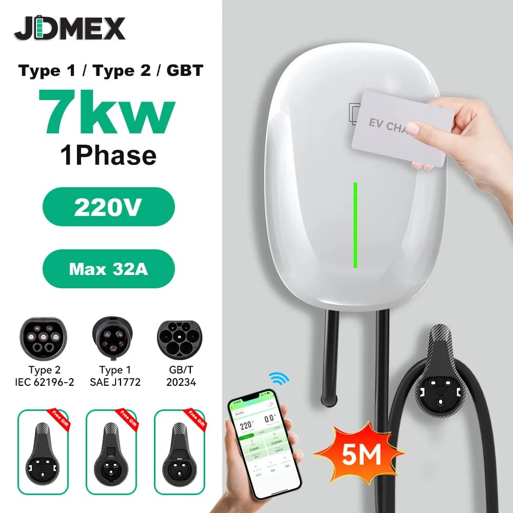 Refill Station EV JDMEX 7KW Type1 Type2 GBT, Electric Car Charger 32A Monophase, EVSE Wallbox with APP Control, 5m Cable