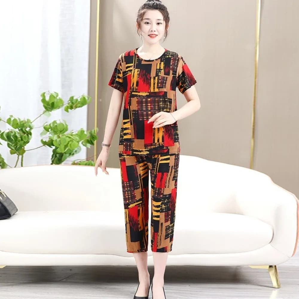 Plus Size Elderly T-shirt Sets Loose Stripe Women Two Piece Set Short-sleeved Summer Casual Loungewear Set Middle Aged Women