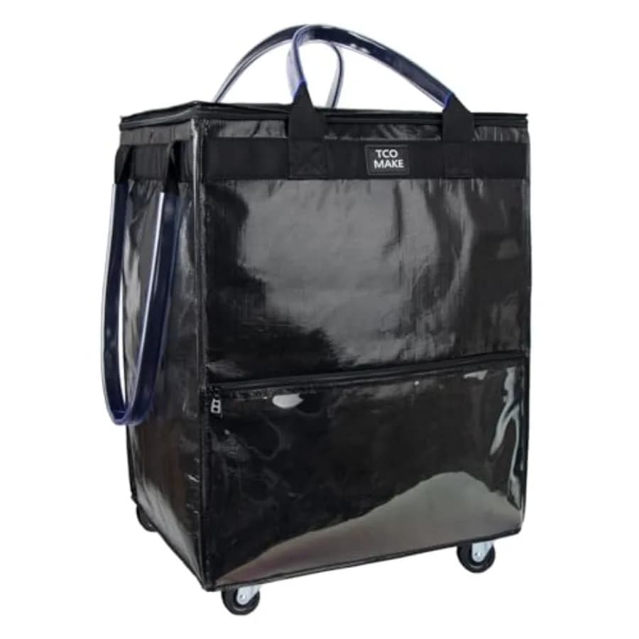 Grande Borsa Nera Riutilizzabile per la Spesa con Ruote, Manico Robusto e Coperchio con Cerniera, Pieghevole e Trasportabile su Ruote per Shopping, Lavanderia, Picnic