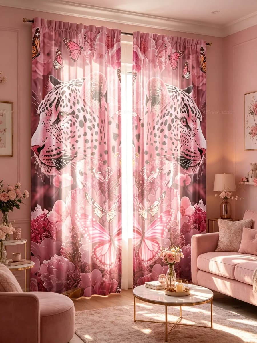 2PCS Pink Leopard Butterfly Curtains, Cheetah Head Floral Romantic Pattern Window Drapes for Girls Bedroom Living Room Decor