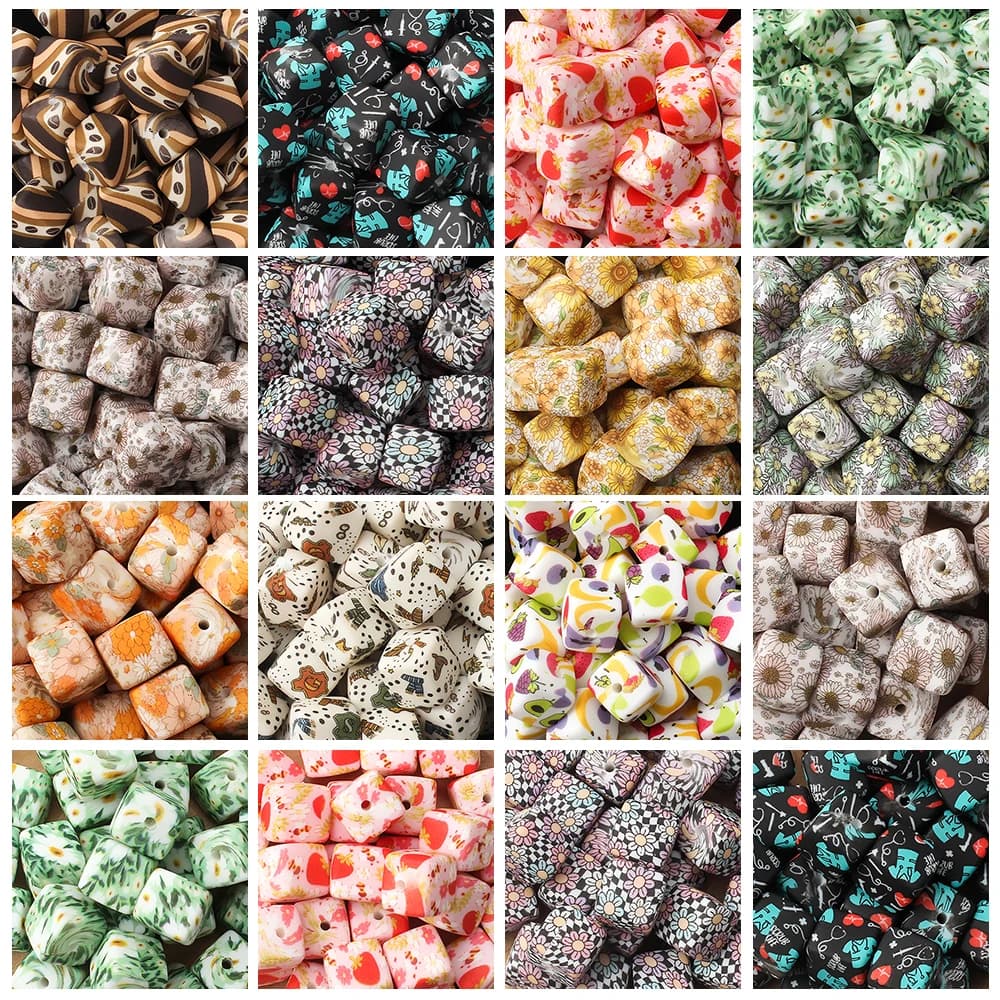 10/20Pcs 14mm Square Printed Silicone Beads Flower Coffee Colorful Printed Focus Beads For DIY Jewelry Keychain Bracelet Making