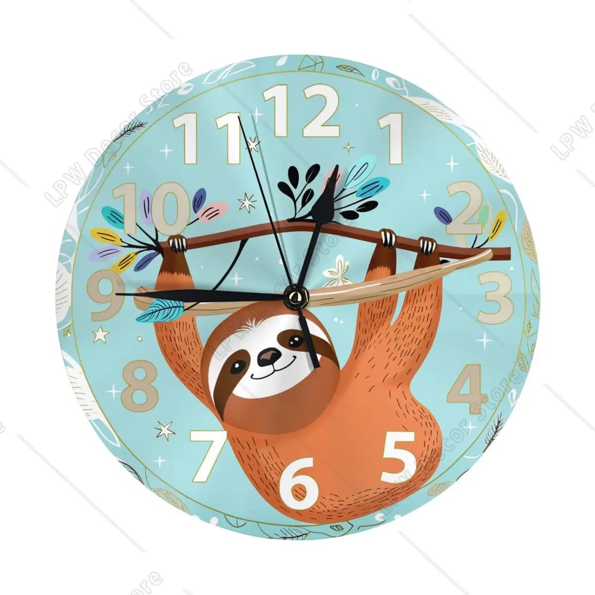 Simpatico bradipo appeso sul ramo Orologio da parete cielo pastello Orologio da parete silenzioso senza ticchettio a batteria Orologio facile da leggere per la casa