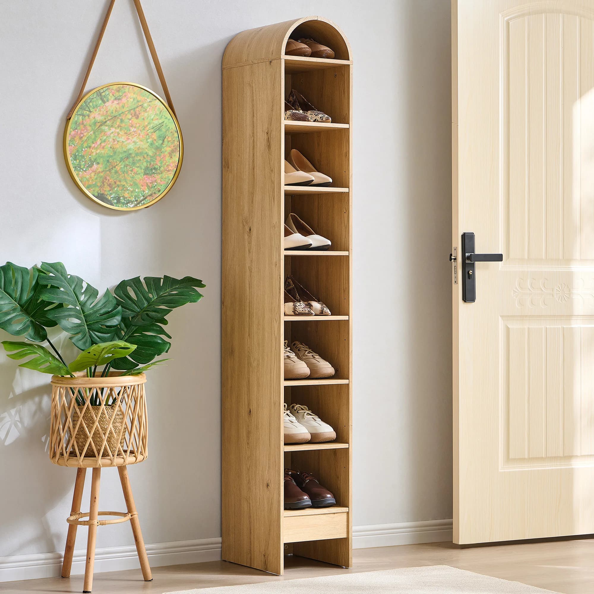 67' Arched Shoe Storage Cabinet, Wooden Shoe Organizer Rack for 8 Pairs, 8 Tier, 3 Adjustable Shelves