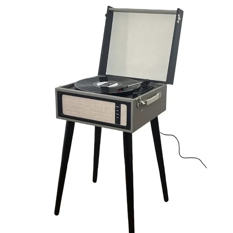 Floor-to-ceiling vinyl record player, four-legged stool, retro phonograph, wireless bluetooth speaker, wooden home audio