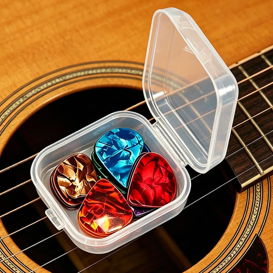 6/12 plettri per chitarra con mini scatola portaoggetti trasparente, custodia portatile di piccole dimensioni per plettri e piccoli accessori