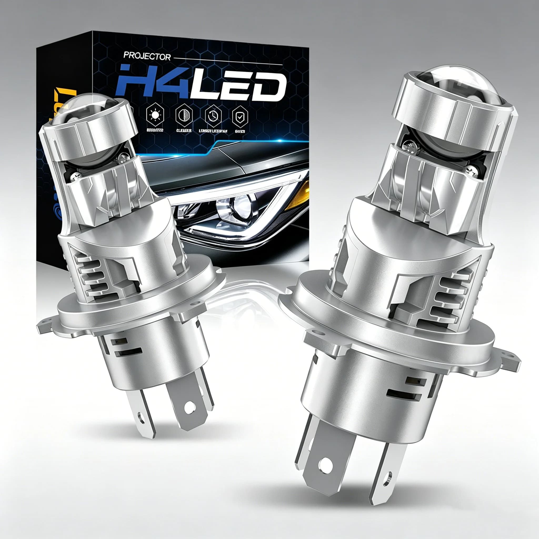 2 Pezzi Lampadine LED H4 per Fari Auto con Mini Proiettore 6500K, Lente Mini Proiettore H4, Faro con Lente Mini Proiettore LHD RHD 12V 24V