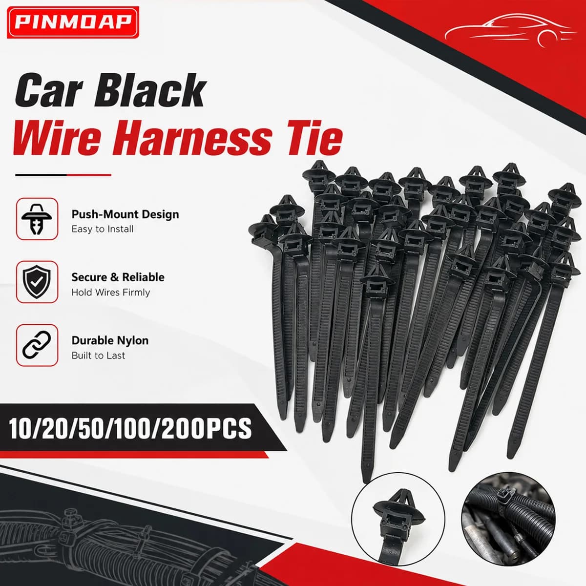 PINMOAP Car Cable Tie Clip Nylon Wire Harness Car Fastener Rivet Clip Household Wire Organizer Holder 10/20/50/100/200PCS