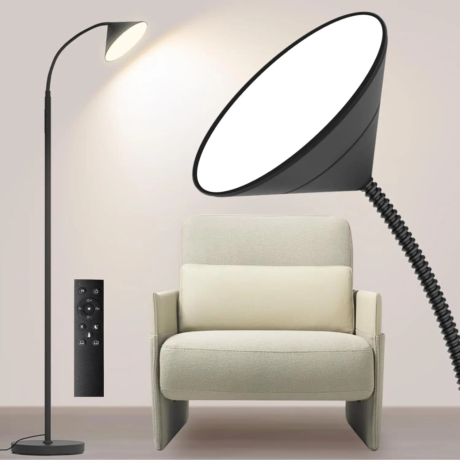 Lampada da Terra LED Super Luminosa 76'', 18W/1800LM, Dimmerabile e Temperatura Colore 2700K-6500K, Controllo Remoto e Touch, Nera
