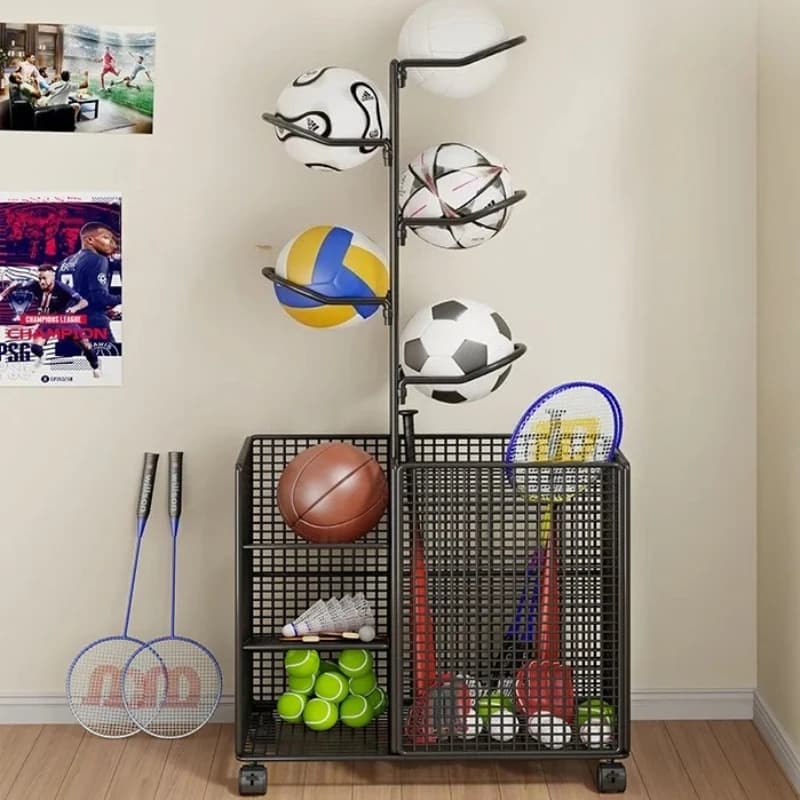 Portaoggetti multi-sport: supporto per basket, organizer per pallavolo e badminton, supporto per tappetino da yoga con cestino da calcio