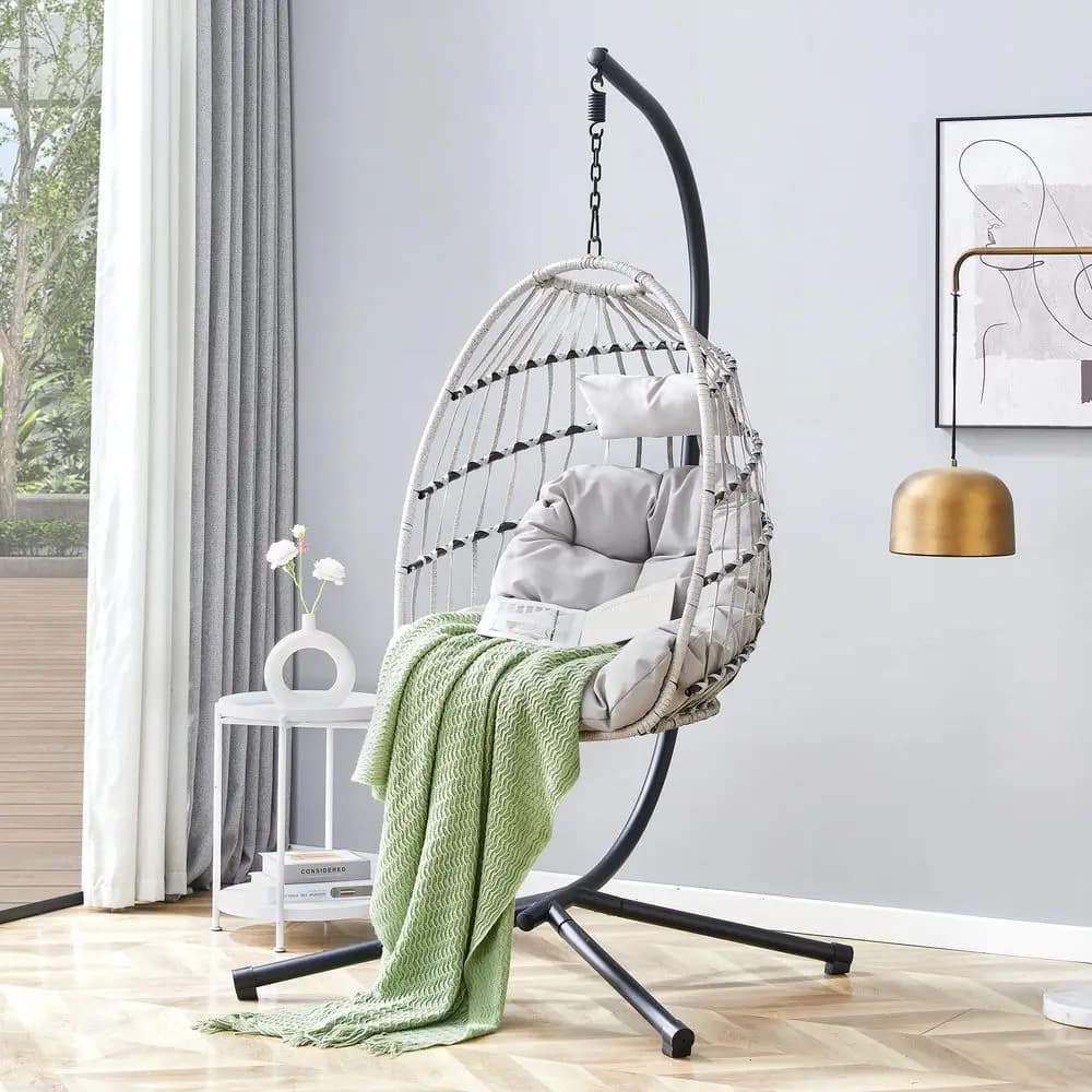 Sedia a dondolo Egg Chair con supporto, in vimini PE, con cuscino e poggiatesta, pieghevole, per interni ed esterni, B