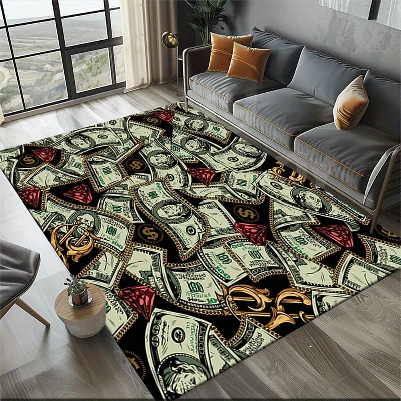 Luxurious Dollar Bill Design Area Rug Polyester, Non-Slip & Lightweight | Multi-Color Rectangular Carpet for Living Room,