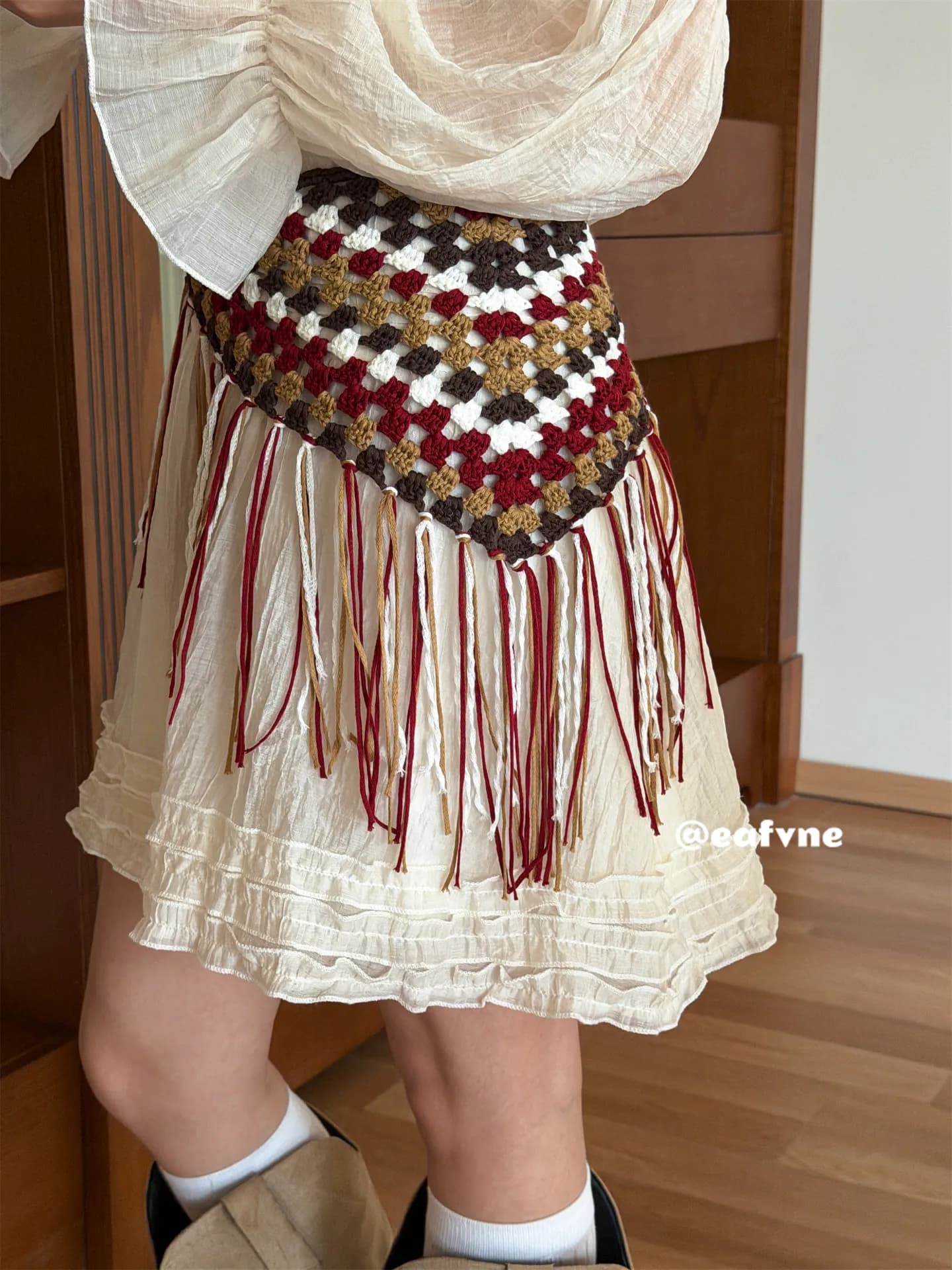 Women's Vintage Boho skirt with Frange, Triangle scarf Maglia, Stratifying piece, Half skirt for Holiday and Streetwear