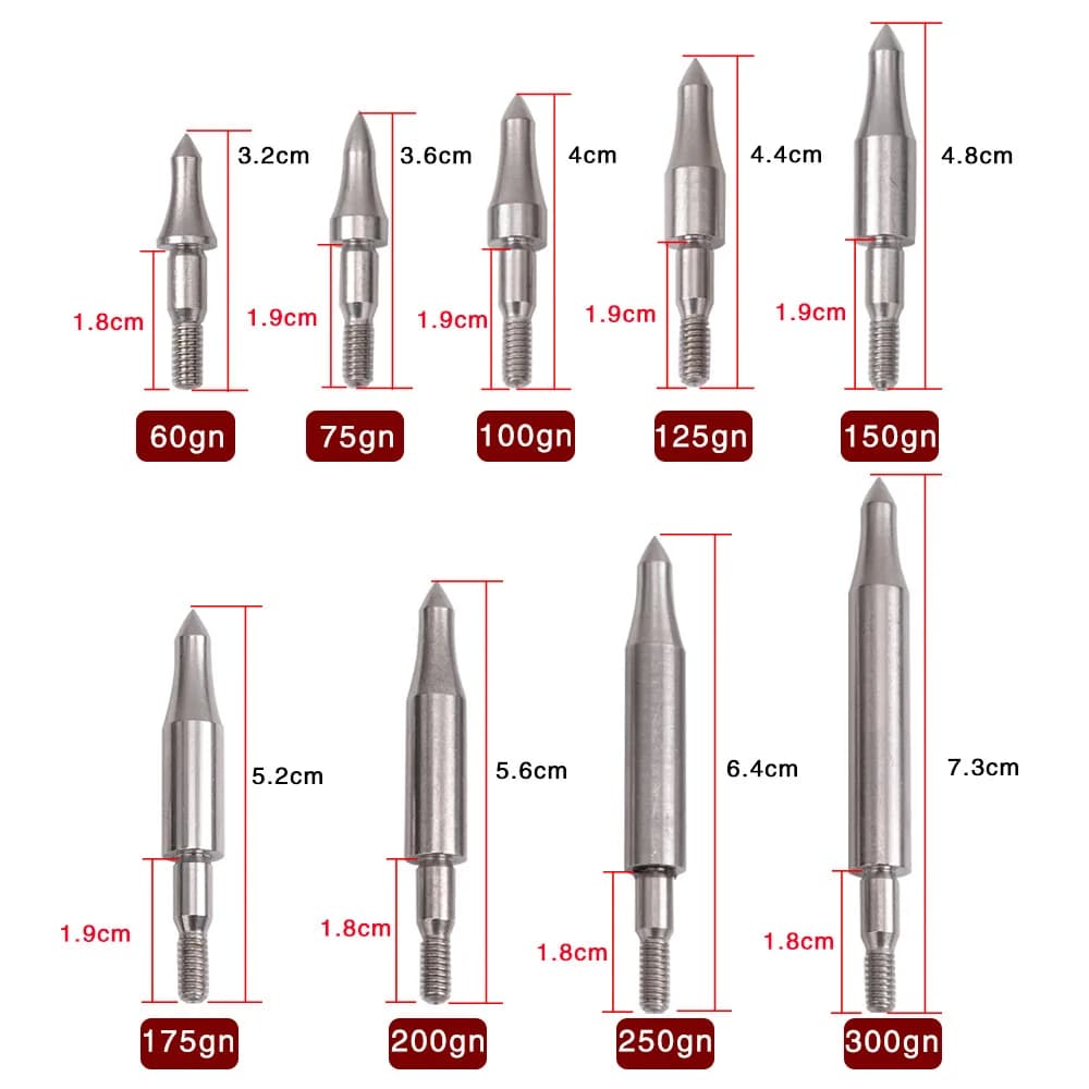 75/100/125/200/250/300 Grains Stainless Steel Arrowhead Arrow Point Tips for ID 6.2mm Shafts Archery Target Shooting 15pcs/pack