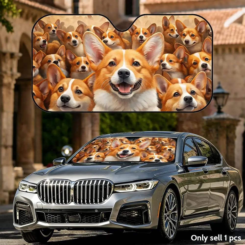 Parasole pieghevole universale per parabrezza auto con stampa cani Corgi, protezione UV e isolamento termico