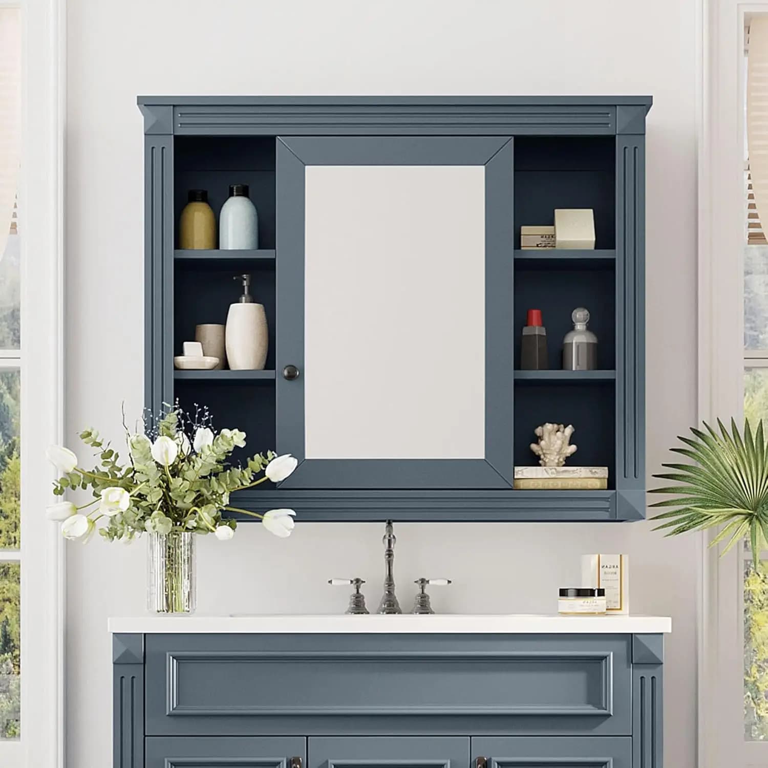 Armadietto dei medicinali con specchio, armadietto da bagno per montaggio a parete 35" x 28" sopra l'armadietto portaoggetti per WC con anta e