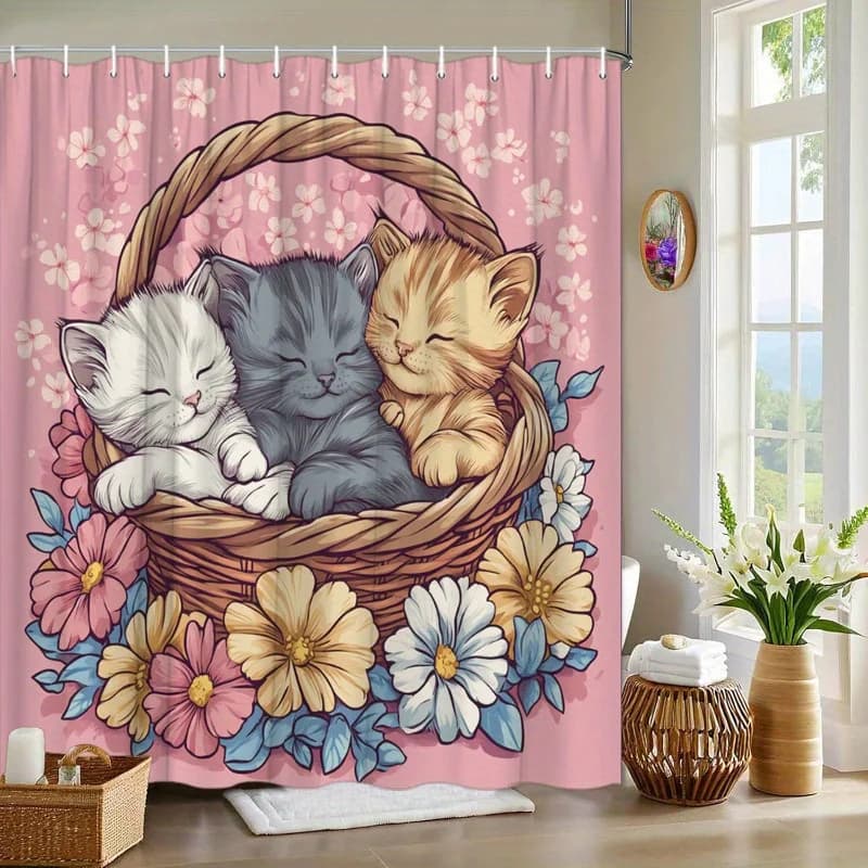 Tenda da doccia per gattini addormentati - Design a cestello floreale, morbido poliestere rosa,70,8x70,8", adorabile tema gatto, lavabile e durevole