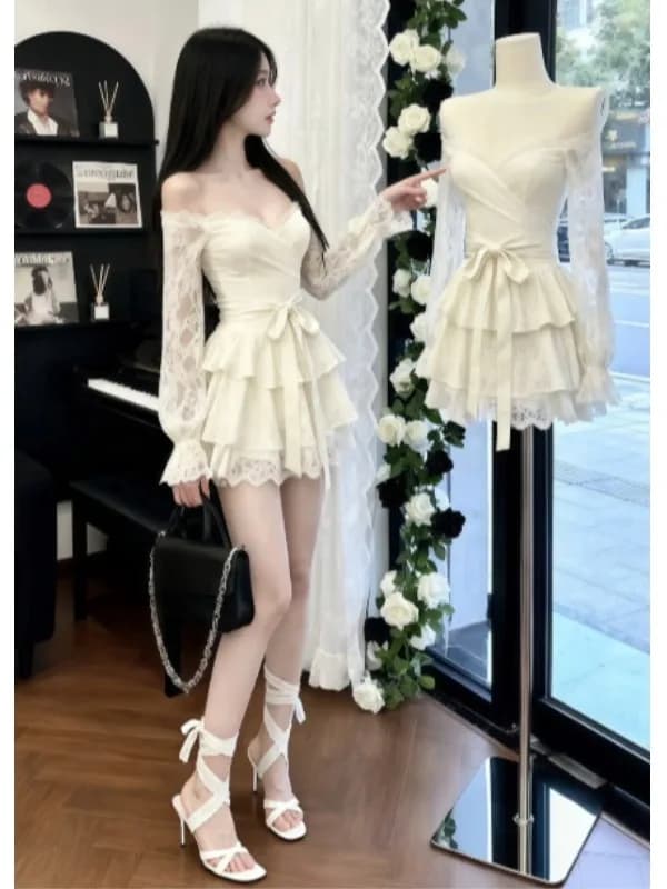 Abito Midi Elegante Monospalla con Maniche Lunghe, Gonna Voluminosa, Dettaglio in Pizzo con Nodo e Vita Stretta