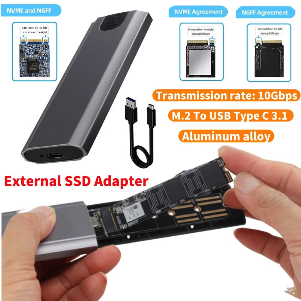 Adattatore SSD esterno da M.2 a USB tipo C 3.1 10 Gbps NVME/NGFF Custodia SSD a doppio protocollo Supporto chiave M/B/(B+M) senza attrezzi per SSD