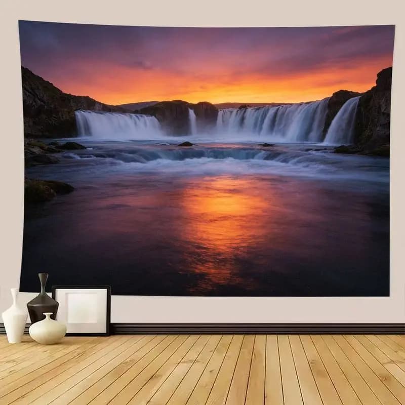 VIKAMA Moody Twilight Nature Tapestry, Wide White Waterfall Dark Rock Bank Purple Orange Sunset Wall Decor