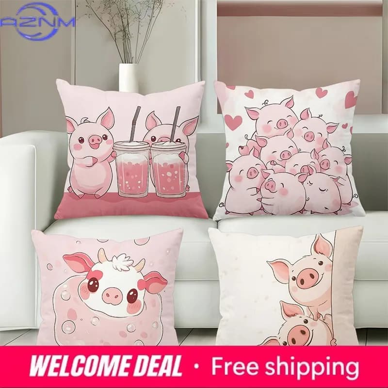 Fodere per cuscini con motivo simpatico cartone animato con maiali e mucche, fodera per cuscino in poliestere, cuscino decorativo per divano, cuscino per testiera