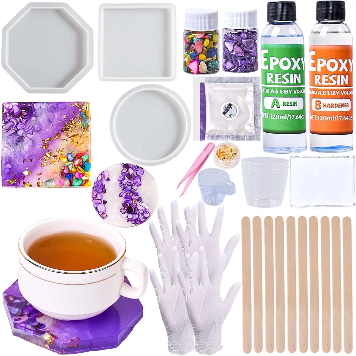 Epoxy Resin Coaster Making Kit with AB Resin Glue Silicone Mold Tools DIY Handmade Cup Mat Crafts Casting Supplies